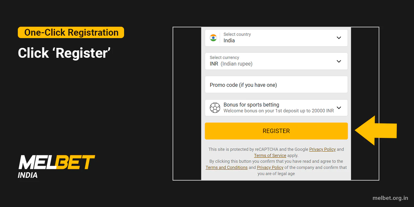 Click 'Register' to finalize one-click registration at Melbet India
