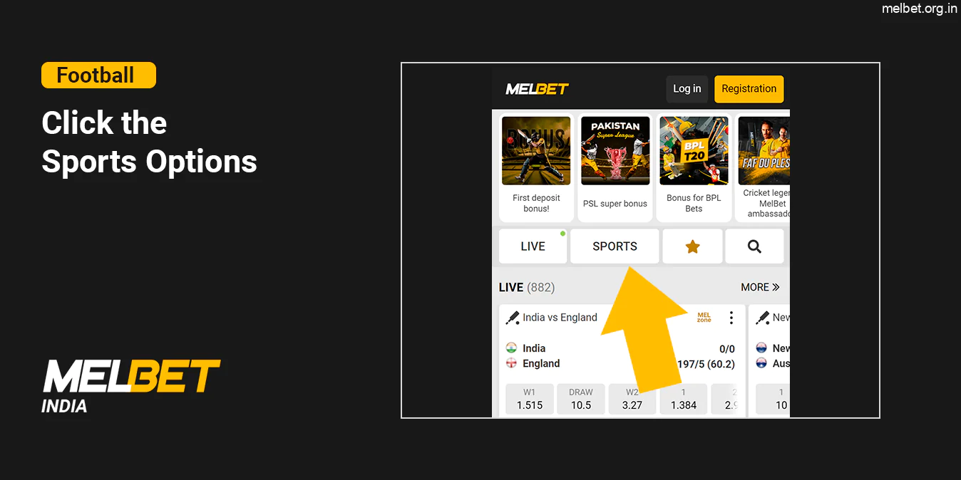 Click on the 'Sports' section - Melbet India