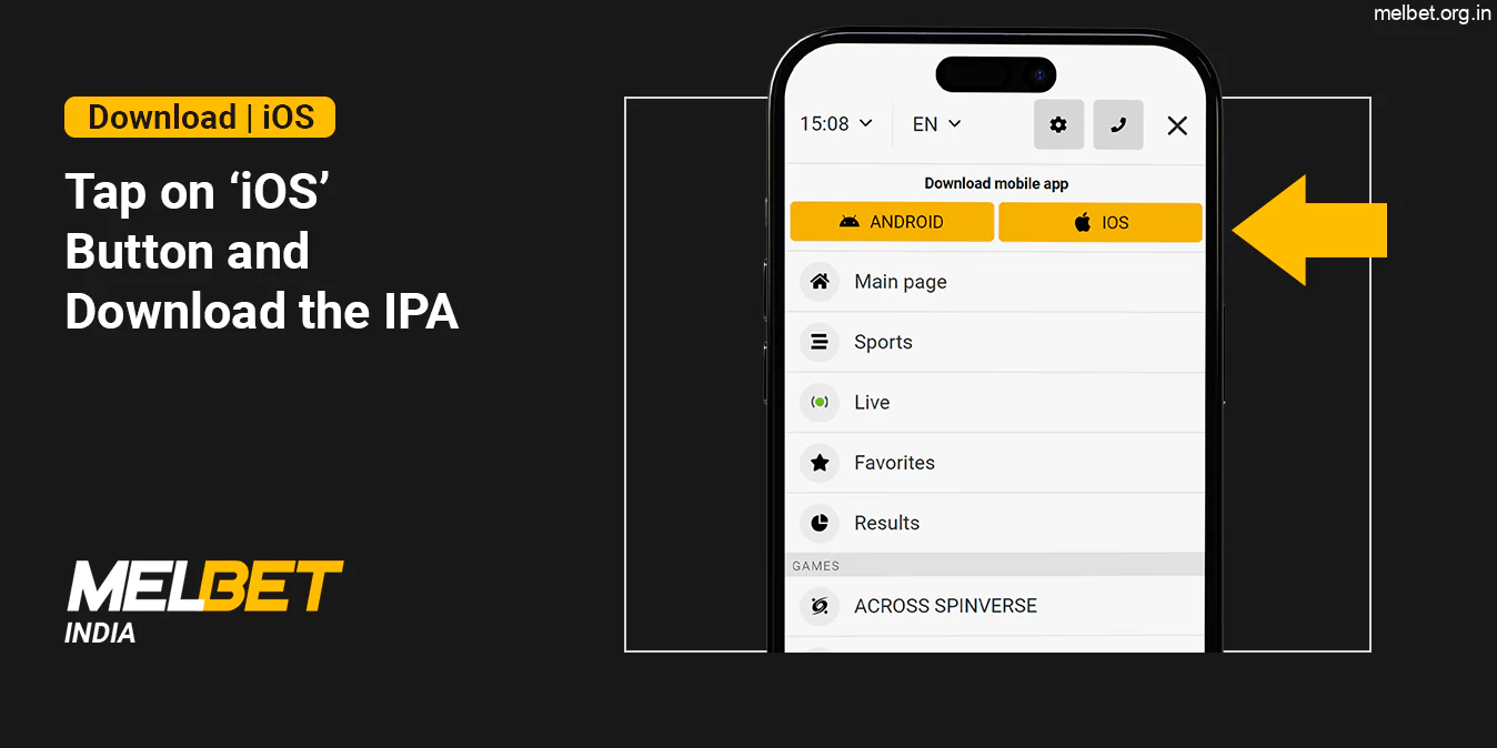 Click on the 'iOS' button to download the app - Melbet India